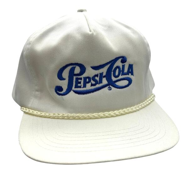 Vintage 80s 90s Pepsi-Cola White Strapback Rope Brim Embroidered Logo Promo Cap